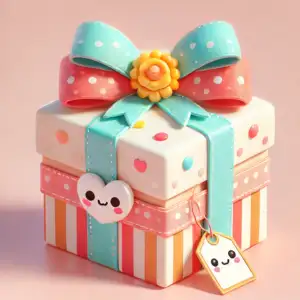 DALL·E 2024 07 04 16.32.24 A cute real life gift wrapped in colorful paper with a bright bow on top. The gift box is adorned with polka dots and stripes and there are small dec