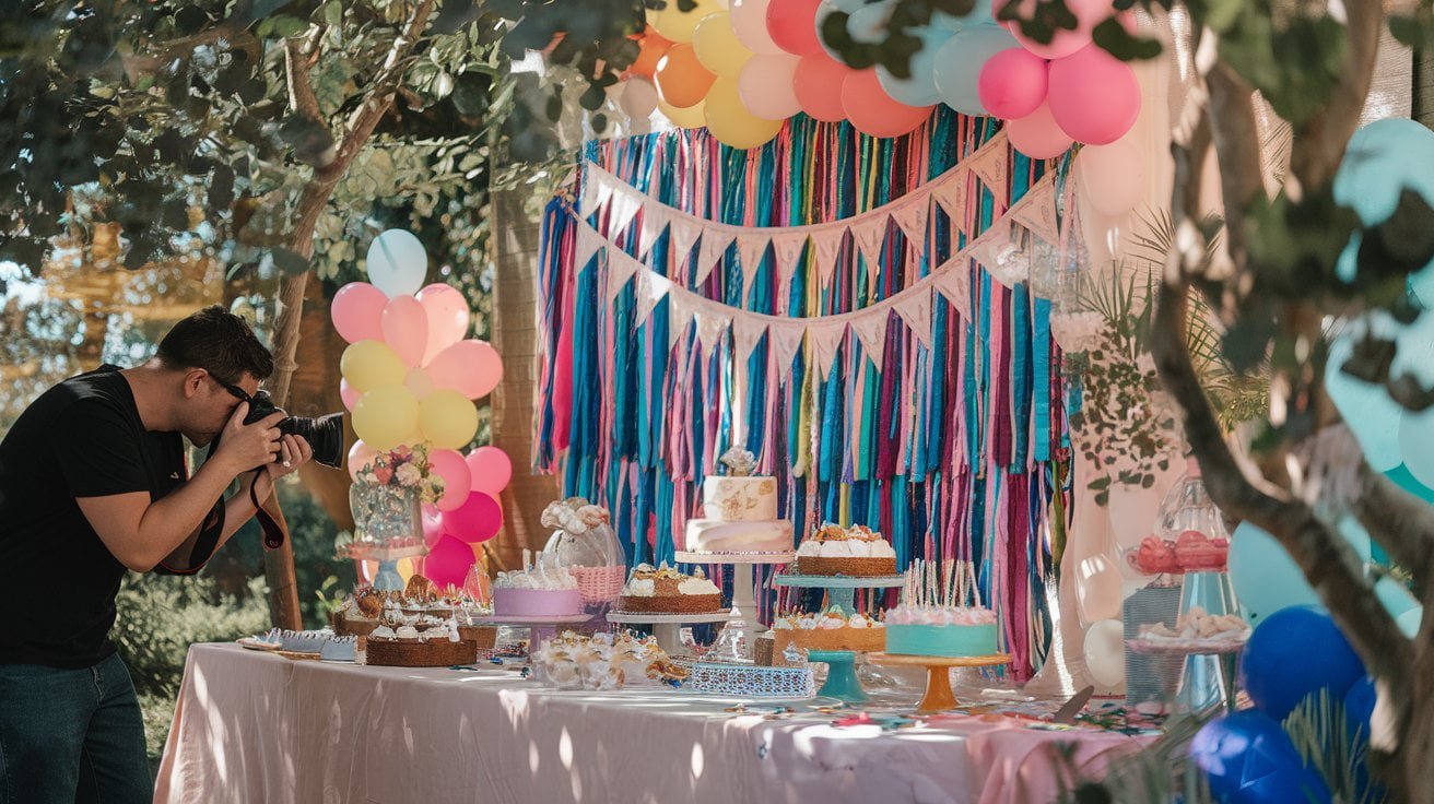 a table with cakes and balloons